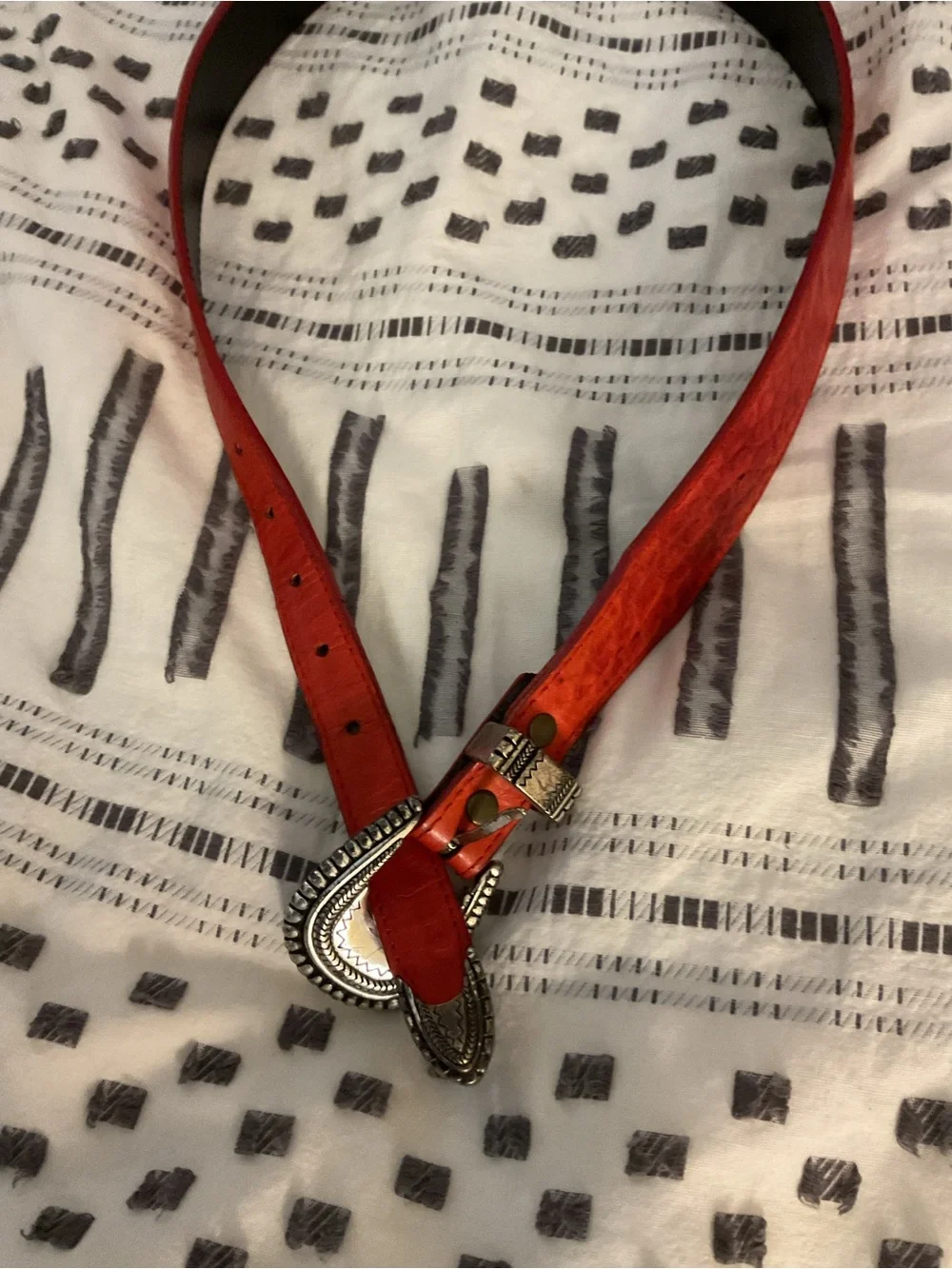 Red Western-Style Leather Belt with Silver Buckle